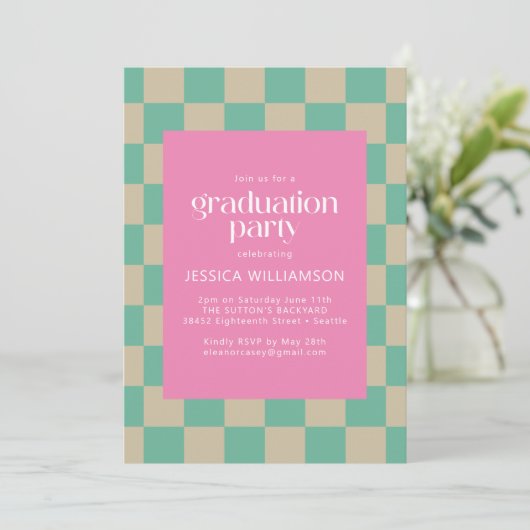Mod Roze Mint Green Checkerboard Graduparty Kaart (Staand voorkant)