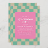 Mod Roze Mint Green Checkerboard Graduparty Kaart (Voorkant / Achterkant)