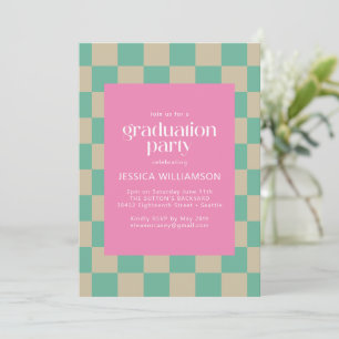 Mod Roze Mint Green Checkerboard Graduparty Kaart