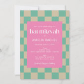Mod Roze Mintgroene Geruite Bat Mitzvah Kaart (Voorkant)