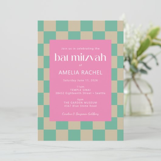 Mod Roze Mintgroene Geruite Bat Mitzvah Kaart (Staand voorkant)
