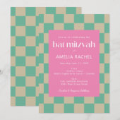 Mod Roze Mintgroene Geruite Bat Mitzvah Kaart (Voorkant / Achterkant)