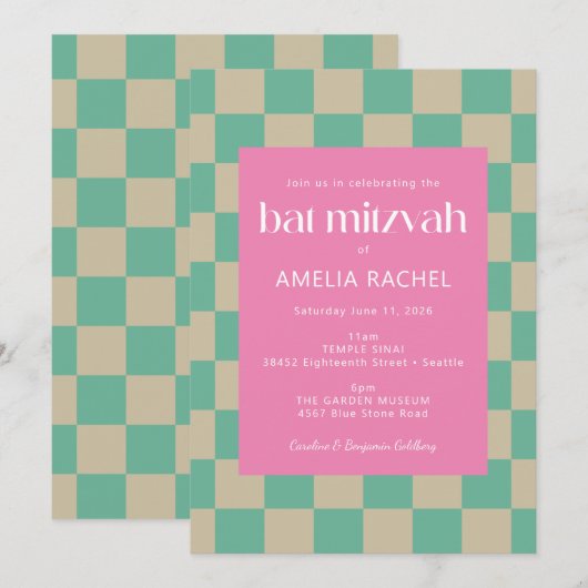 Mod Roze Mintgroene Schaken Bar Mitzvah  Kaart (Voorkant / Achterkant)