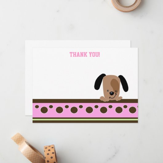 Mod Roze Puppy Theme Flat Hartelijk dank Notitiekaartje (Voorkant / Achterkant in situ)
