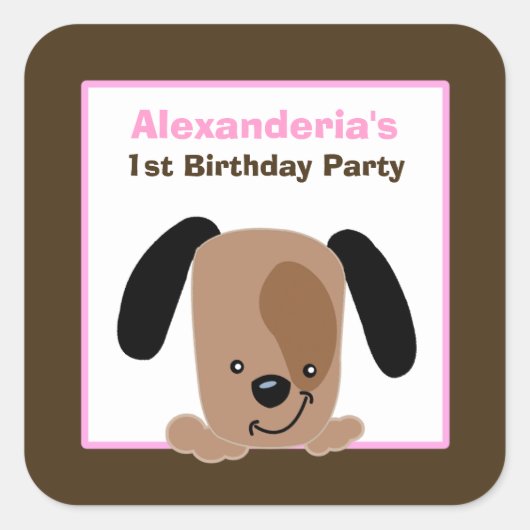 Mod Roze Puppy Vierkante Favor Stickers (6 groot) (Voorkant)