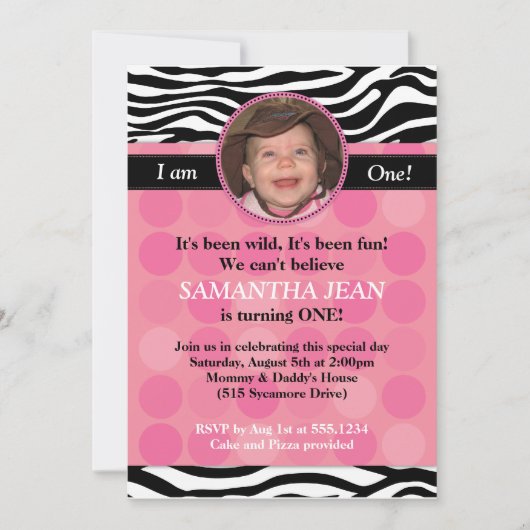Mod roze Zebra PHOTO Birthday Uitnodiging (Voorkant)