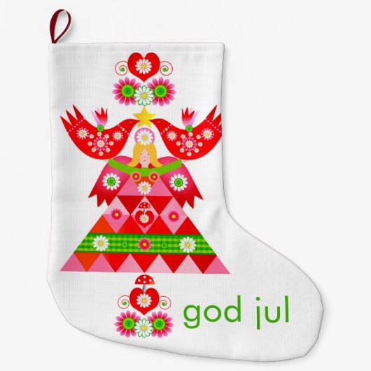 Mod Scandi Holiday Bird Angel Stocking Grote Kerstsok (Voorkant)