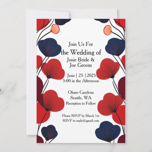 Mod stijl zwarte rode papavers bruiloft uitnodigin kaart (Voorkant)