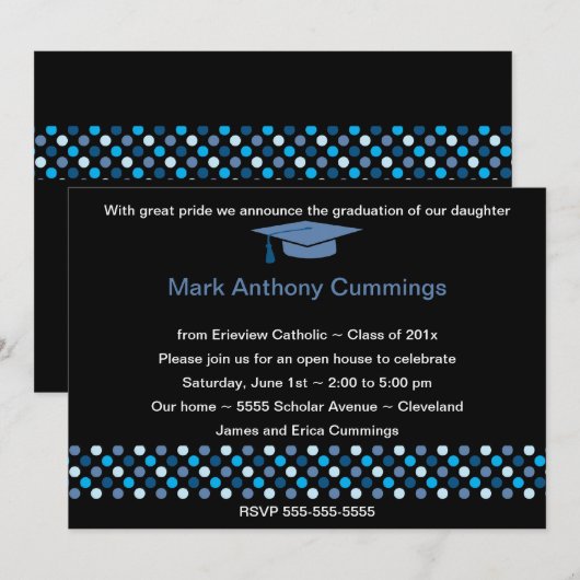 Mod Stippen Graduation Cap Invitation (blauw) Kaart (Voorkant / Achterkant)