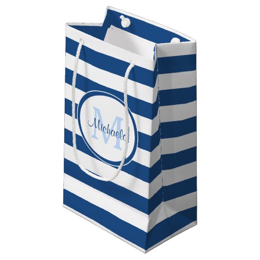 Mod Stripes en Dressy Dark Blue Monogramname Name Klein Cadeauzakje (Voorkant Gekanteld)