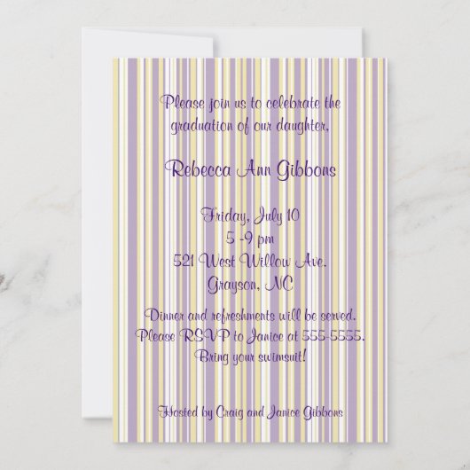 Mod Stripes Graduation Party nodigt Paars en goud  Kaart (Achterkant)