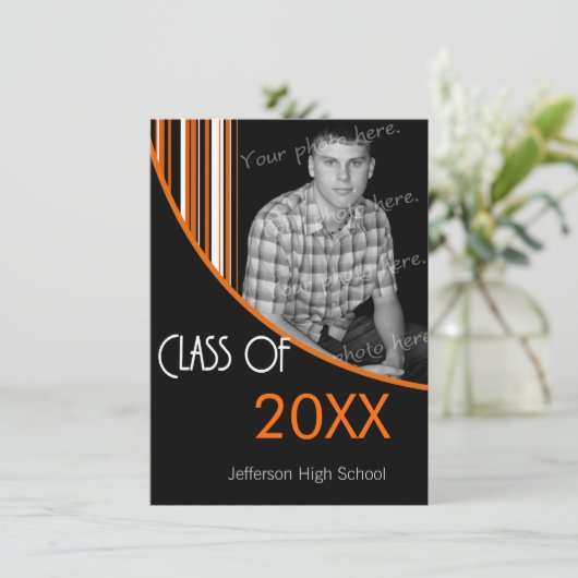 Mod Stripes Graduation Party nodigt Sinaasappel en Kaart (Staand voorkant)