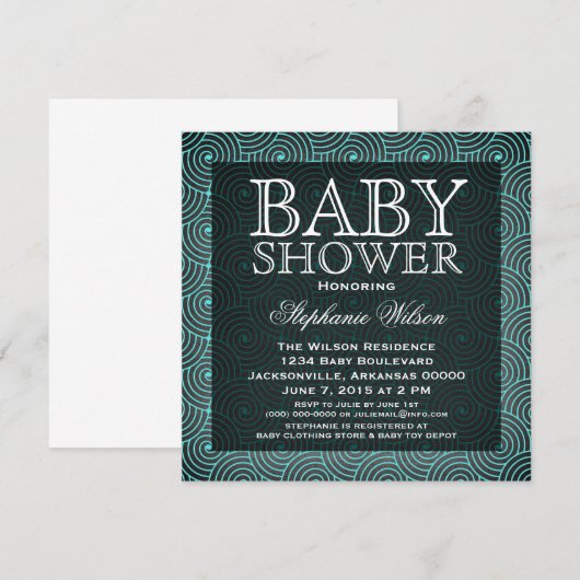 Mod Swirls Baby shower Invite, Aqua Kaart (Voorkant / Achterkant)