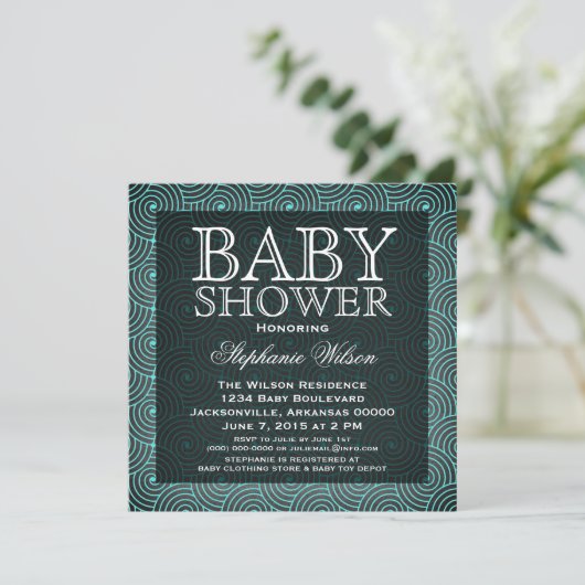 Mod Swirls Baby shower Invite, Aqua Kaart (Staand voorkant)