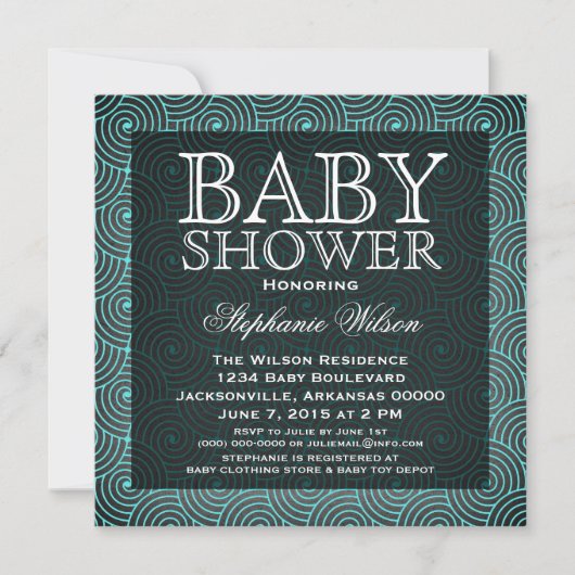 Mod Swirls Baby shower Invite, Aqua Kaart (Voorkant)