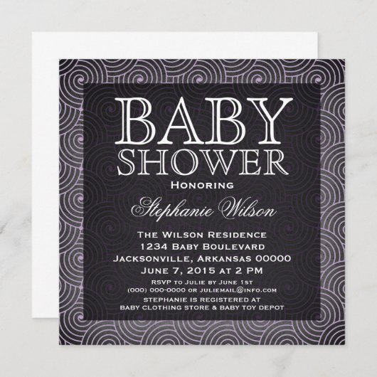 Mod Swirls Baby shower Invite, Lila Kaart (Voorkant / Achterkant)