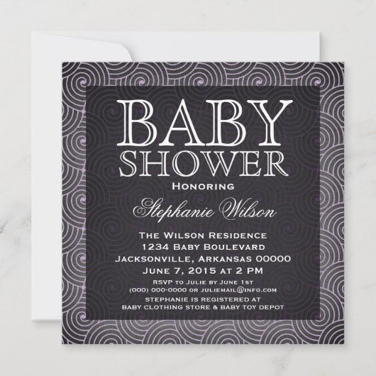 Mod Swirls Baby shower Invite, Lila Kaart (Voorkant)