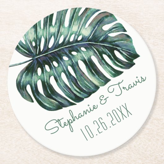 Mod Tropical Palm Leaf Monstera Greenery Ronde Kartonnen Onderzetter (Voorkant)