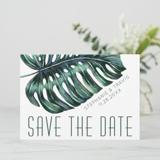 Mod Tropics Monstera Leaf Bruiloft Save The Date (Staand voorkant)