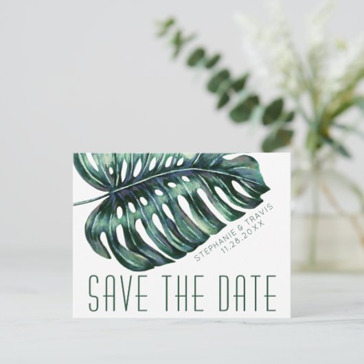 Mod Tropics Monstera Leaf Save the Date Briefkaart (Staand voorkant)