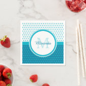 Mod Turquoise Blauwe Stippen Monogram Met Naam Servet (Insitu)