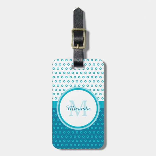 Mod Turquoise Blue Polka Dots Monogram met naam Bagagelabel (Voorkant verticaal)