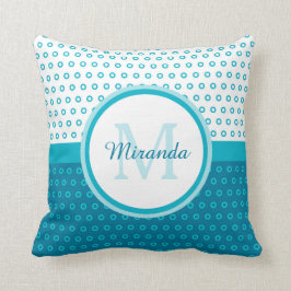 Mod Turquoise Blue Polka Dots Monogram met naam Kussen