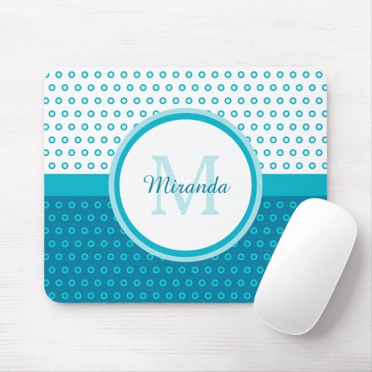 Mod Turquoise Blue Polka Dots Monogram met naam Muismat (Met muis)