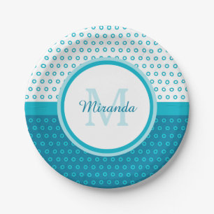 Mod Turquoise Blue Polka Dots Monogram met naam Papieren Bordje
