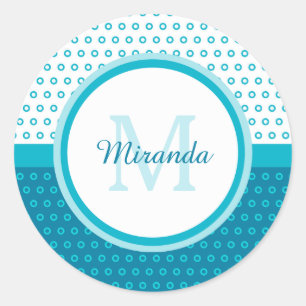 Mod Turquoise Blue Polka Dots Monogram met naam Ronde Sticker