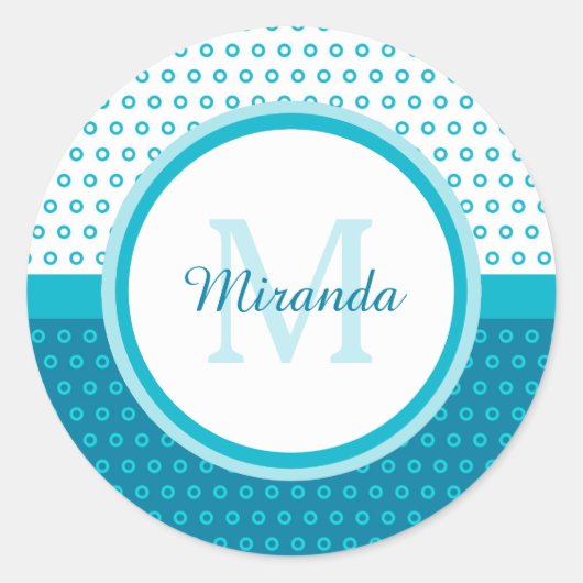 Mod Turquoise Blue Polka Dots Monogram met naam Ronde Sticker (Voorkant)