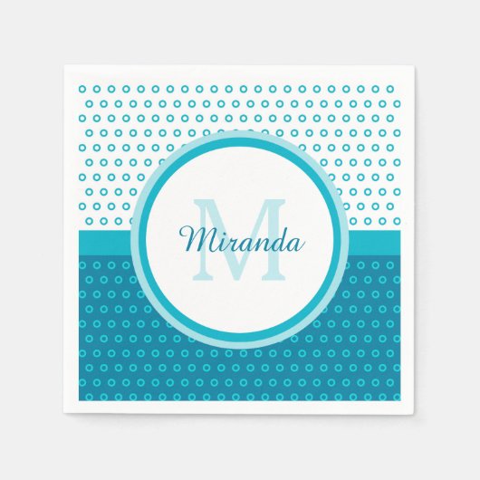 Mod Turquoise Blue Polka Dots Monogram met naam Servet (Voorkant)