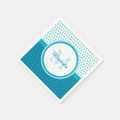 Mod Turquoise Blue Polka Dots Monogram met naam Servet (Hoek)