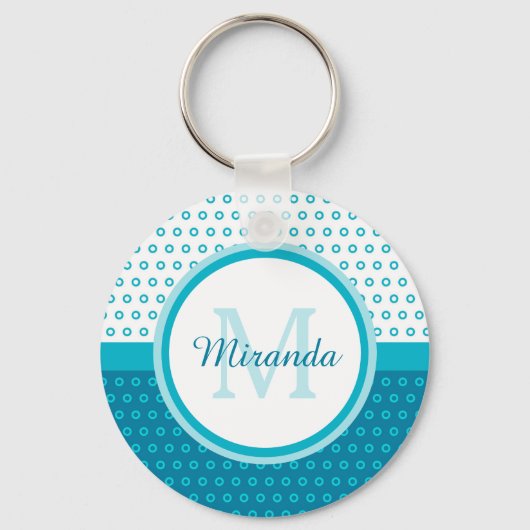 Mod Turquoise Blue Polka Dots Monogram met naam Sleutelhanger (Voorkant)