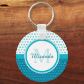 Mod Turquoise Blue Polka Dots Monogram met naam Sleutelhanger (Voorkant)