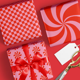 Mod Wavy Groovy Hippie Retro Kerst Roze Rood Inpakpapier Vel