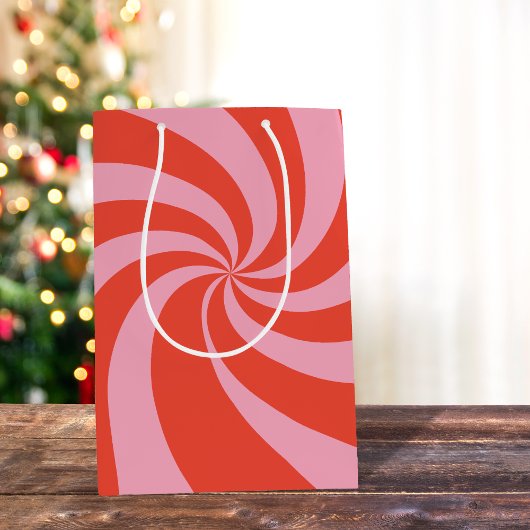 Mod Wavy Groovy Hippie Retro Kerst Roze Rood Medium Cadeauzakje