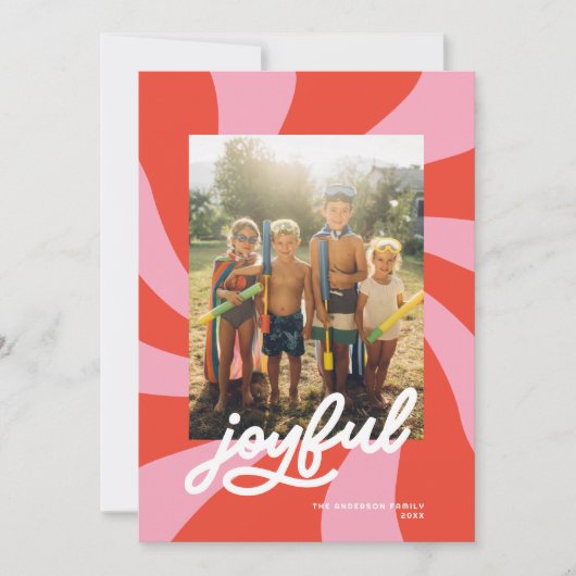 Mod Wavy Retro Christmas Pink Red Foto Feestdagenkaart (Voorkant)