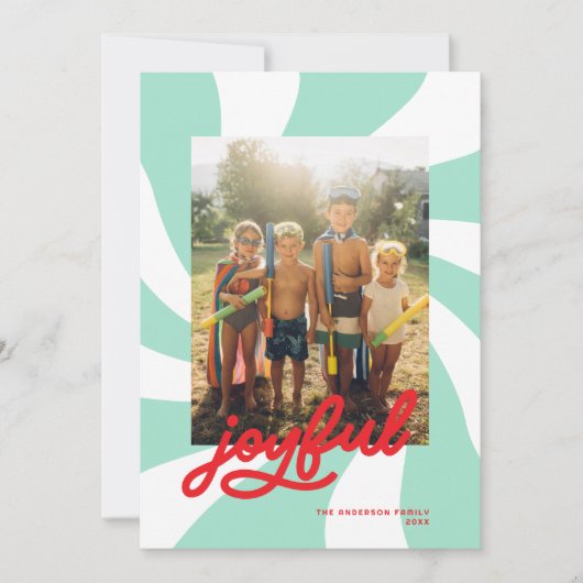 Mod Wavy Retro Groovy Kleurrijke Foto Mint + Rood Feestdagenkaart (Voorkant)