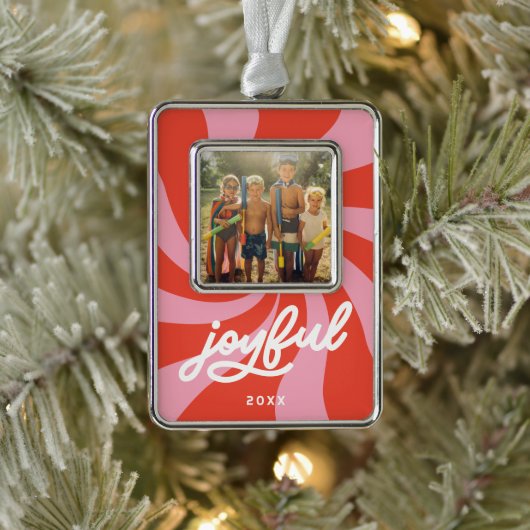 Mod Wavy Retro Groovy Vakantie Rood Roze Verzilverd Omlijst Ornament (Boom)