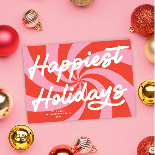 Mod Wavy Retro Roze Rode Kerst Niet-Foto Feestdagenkaart