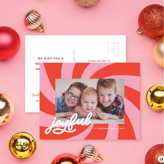 Mod Wavy Retro Roze Rode Kerstfoto Feestdagenkaart