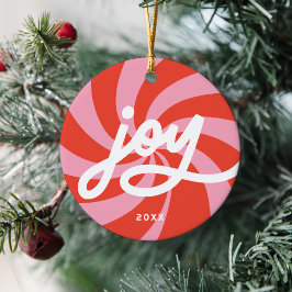 Mod Wavy Retro Roze Rode Kerstfoto Vakantie Keramisch Ornament