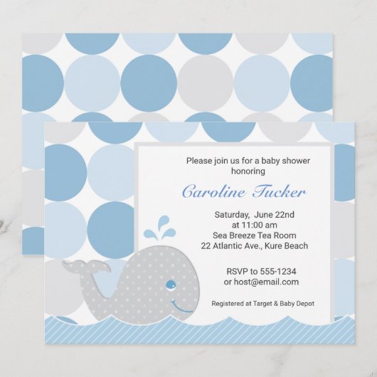 Mod Whale Baby shower Invitation - blauw & grijs Kaart (Voorkant / Achterkant)