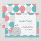 Mod Whale Coral & Blauwgroen Baby shower Uitnodigi Kaart (Voorkant / Achterkant)