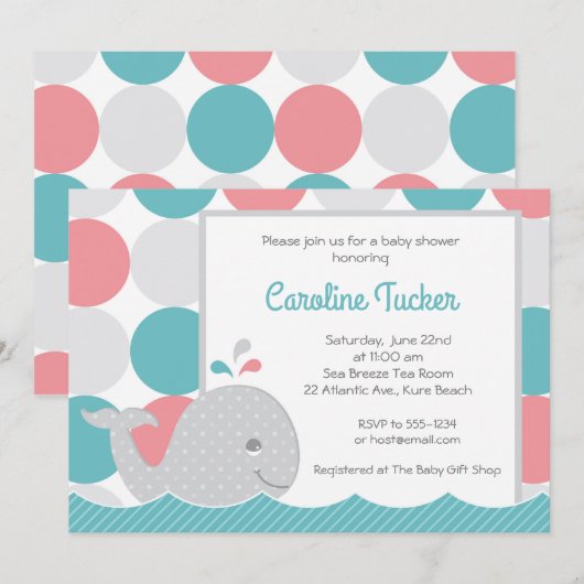 Mod Whale Coral & Blauwgroen Baby shower Uitnodigi Kaart (Voorkant / Achterkant)