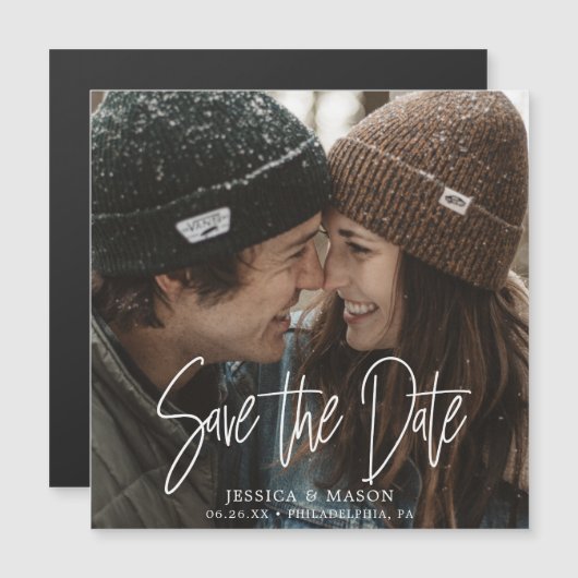 Mod White Wedding Sla de datummagneten op met foto Magnetische Uitnodiging (Voorkant / Achterkant)