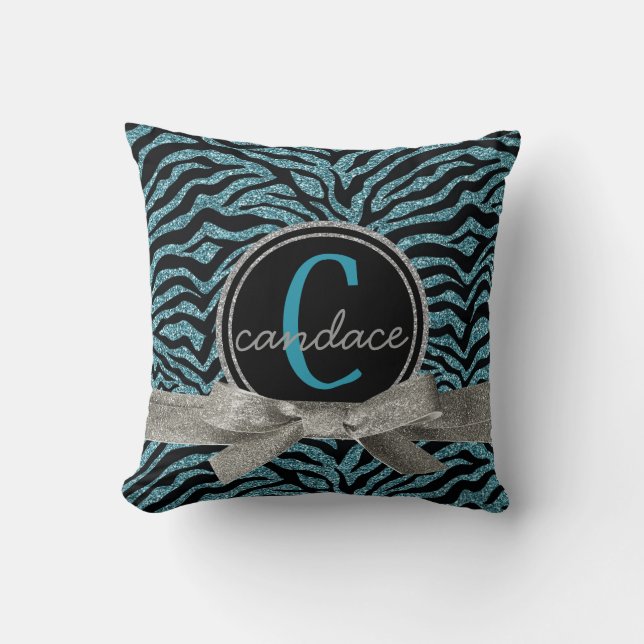 Mod Wild Zebra Black en Blue Monogram Kussen (Voorkant)