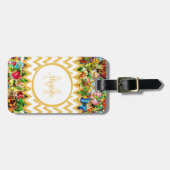 Mod Yellow Chevron  Floral Monogrammatica Name Bagagelabel (Voorkant horizontaal)