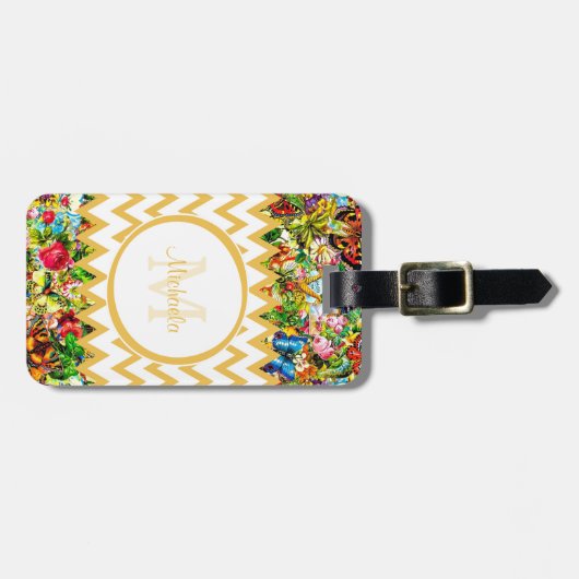 Mod Yellow Chevron  Floral Monogrammatica Name Bagagelabel (Voorkant horizontaal)